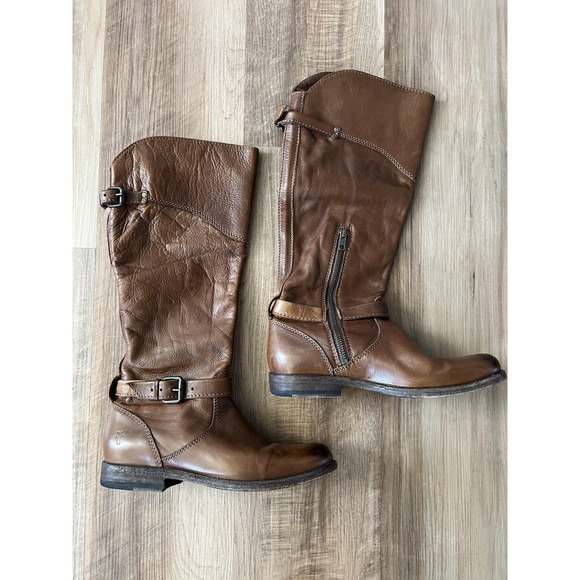 Frye Shoes - Frye Riding Boots Womens 7.5 B Brown Leather Knee High Side Zip Buckle 4001